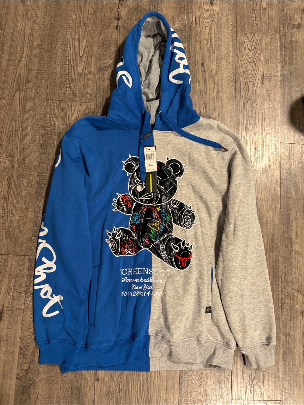 Two-Tone Blue and Gray Men’s Hoodie with Graphic Bear Motif
